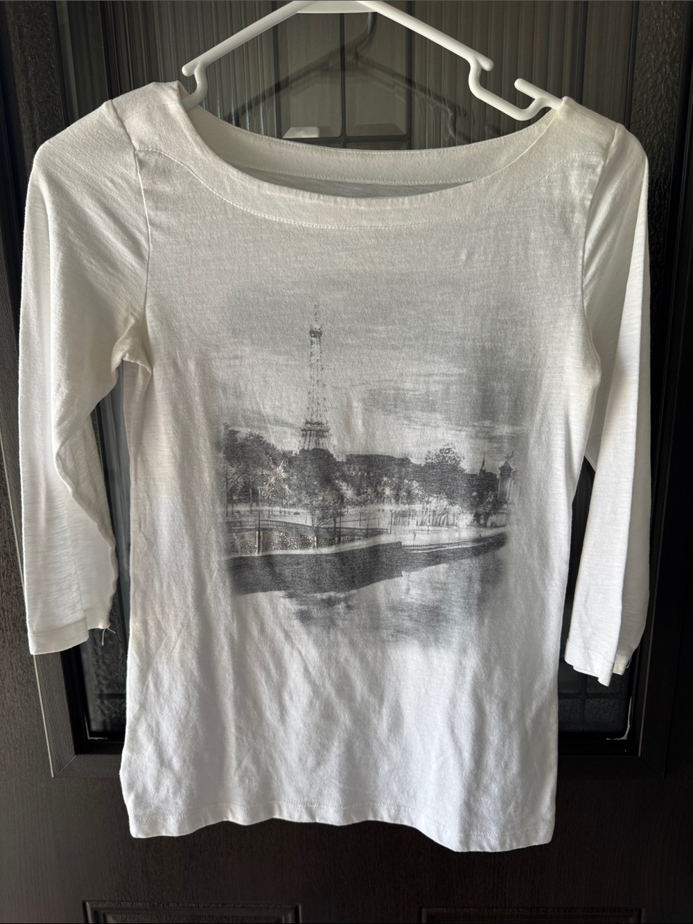 LOFT White 3/4 Sleeve Boatneck Top with Monochrome Paris Graphic